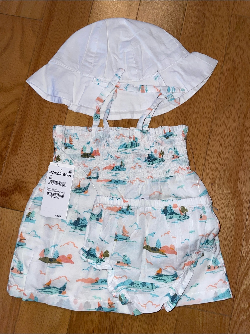 Nordstrom White Smocked Baby Girl 3-Piece Set with Blue and Peach Coastal Print